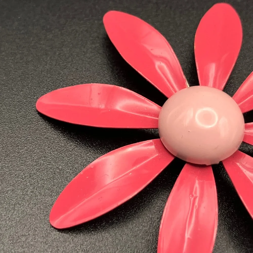 Vintage Pink Enamel Flower Brooch Mid Century Mod Pop Art Flower Power 2.75 